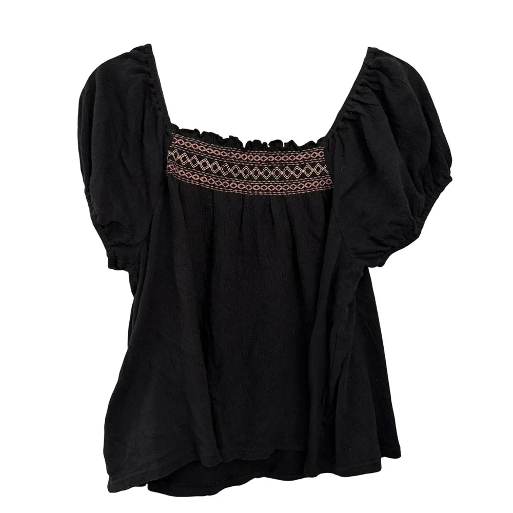 Madewell Embroidered Puff Sleeve Top Womens Medium Black‎ Pink Square Neck